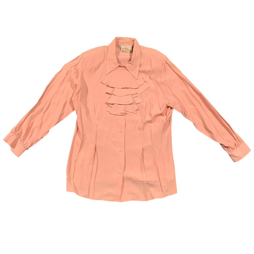 Fitting Image Vintage Pink Ruffle Jabot Blouse Button Front Shirt USA Made Sz 14